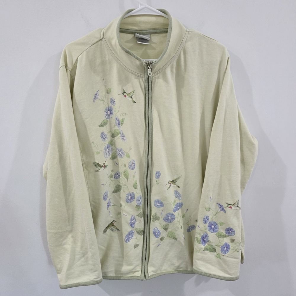 Vintage Womens Full Zip Sweater Size XXL Floral Hummingbird Garden Cottage